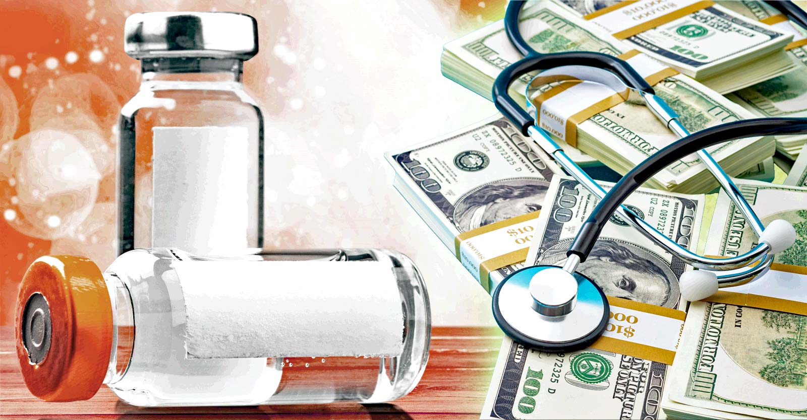 vaccine bottles and money with a stethoscope