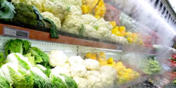 vegetables being sprayed at grocery store