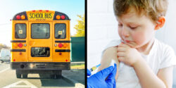 school bus on the left and a boy getting a vaccine on the right