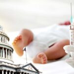 capitol building and newborn getting a shot