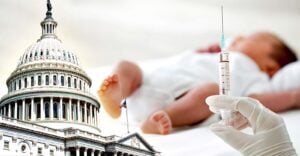capitol building and newborn getting a shot