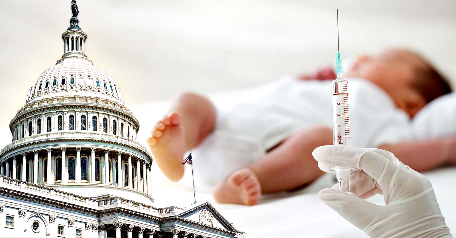 capitol building and newborn getting a shot