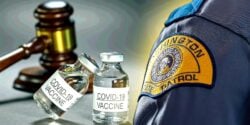 Washington State Patrol uniform and gavel with covid vaccine bottle