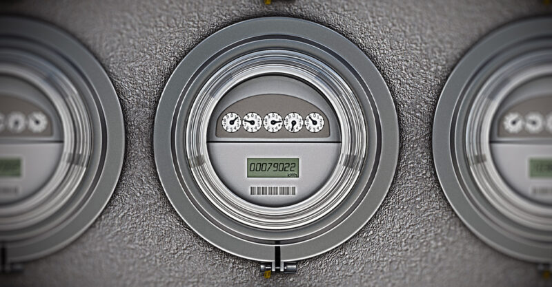 Energy efficient smart electric meters in a row. 3D illustration