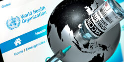 world health organization website and globe with monkeypox vaccine on top
