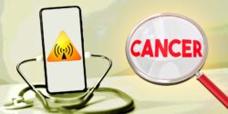 wireless radiation symbol and word "cancer"