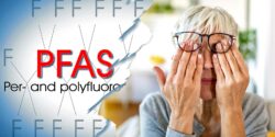 letters "pfas" and woman holding eyes