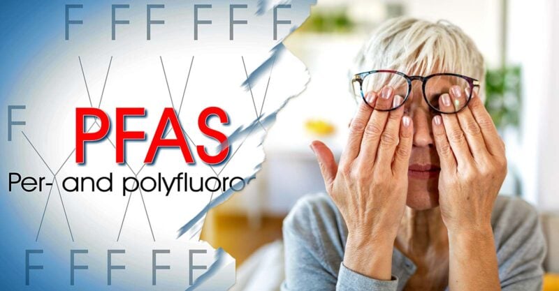 letters "pfas" and woman holding eyes
