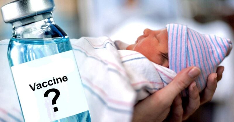 newborn and vaccine bottle
